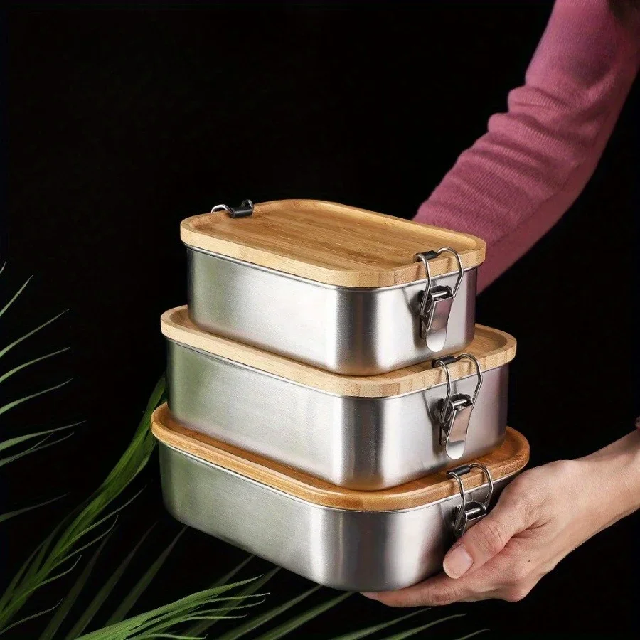 Food Storage Oven Safe - กล่องอาหารกลางวันสแตนเลส 304 ใหม่ พร้อมฝาไม้ไผ่, กล่องถนอมอาหารสไตล์ญี่ปุ่น, กล่องอาหารกลางวัน,