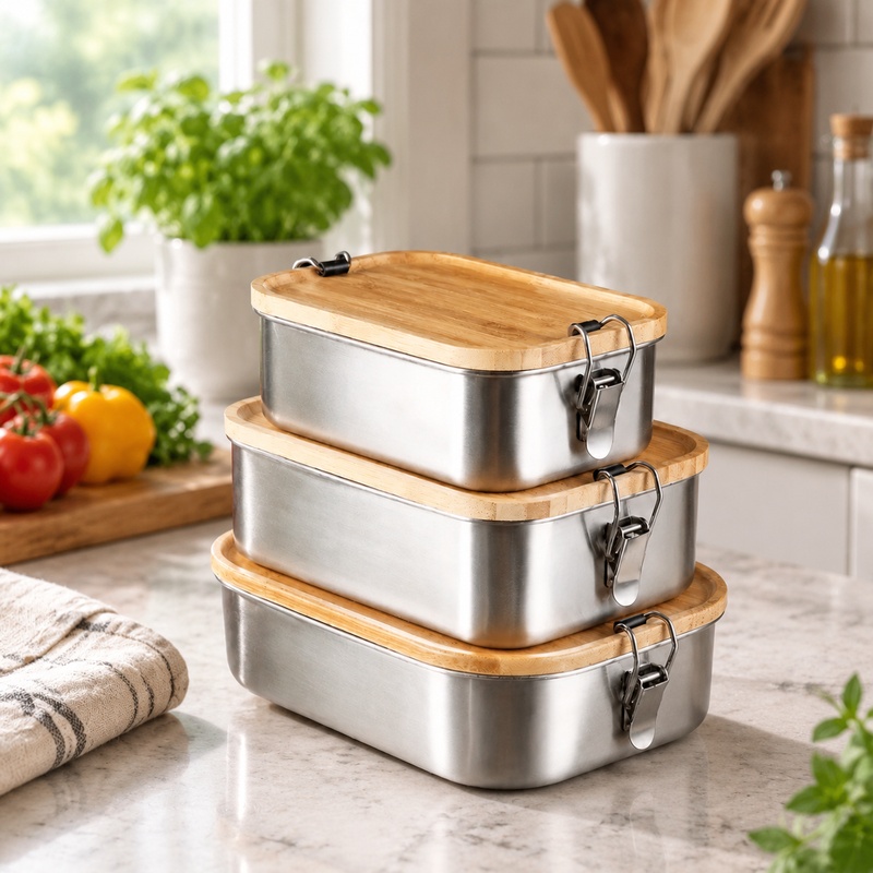 Food Storage Meals - กล่องอาหารกลางวันสแตนเลส 304 ทนทาน พร้อมฝาไม้ไผ่ กล่องเก็บอาหารสไตล์ญี่ปุ่น ช่วยรักษาความสดใหม่ของอาหาร