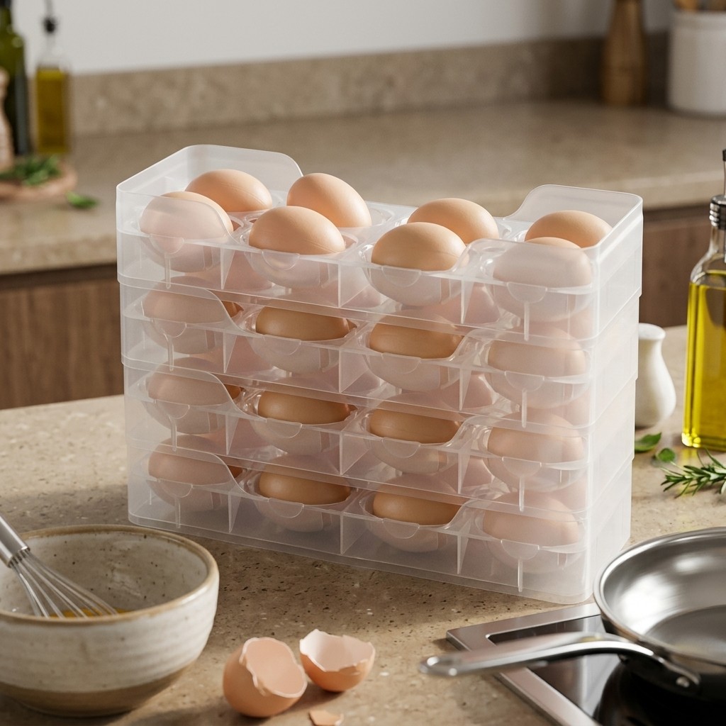 Food Storage With Dividers - ที่วางไข่แบบซ้อนกันได้ กล่องเก็บไข่ใสสำหรับจัดระเบียบตู้เย็น ถาดวางไข่สำหรับเคาน์เตอร์ครัวหรือประตูด้านข้างตู้เย็น ภาชนะพลาสติก