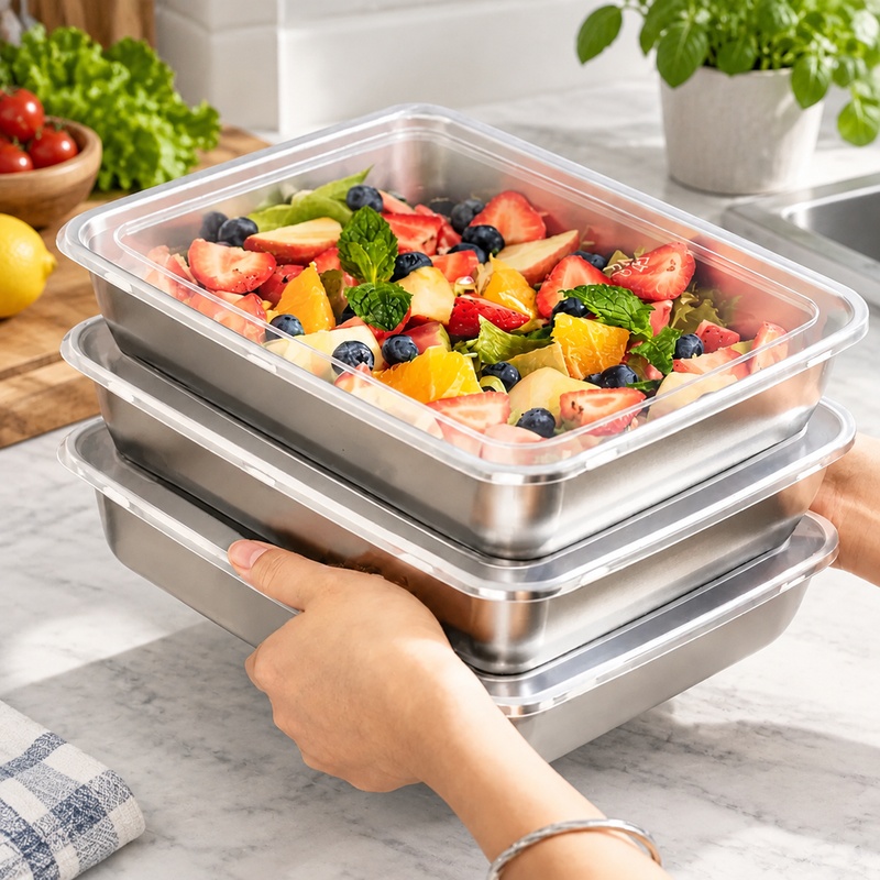Food Storage Meals - ชุดกล่องเก็บอาหารสแตนเลส 3 ชิ้น พร้อมฝาปิดใส ป้องกันการรั่วซึม เหมาะสำหรับใช้ในครัวและกิจกรรมตั้งแคมป์กลางแจ้ง