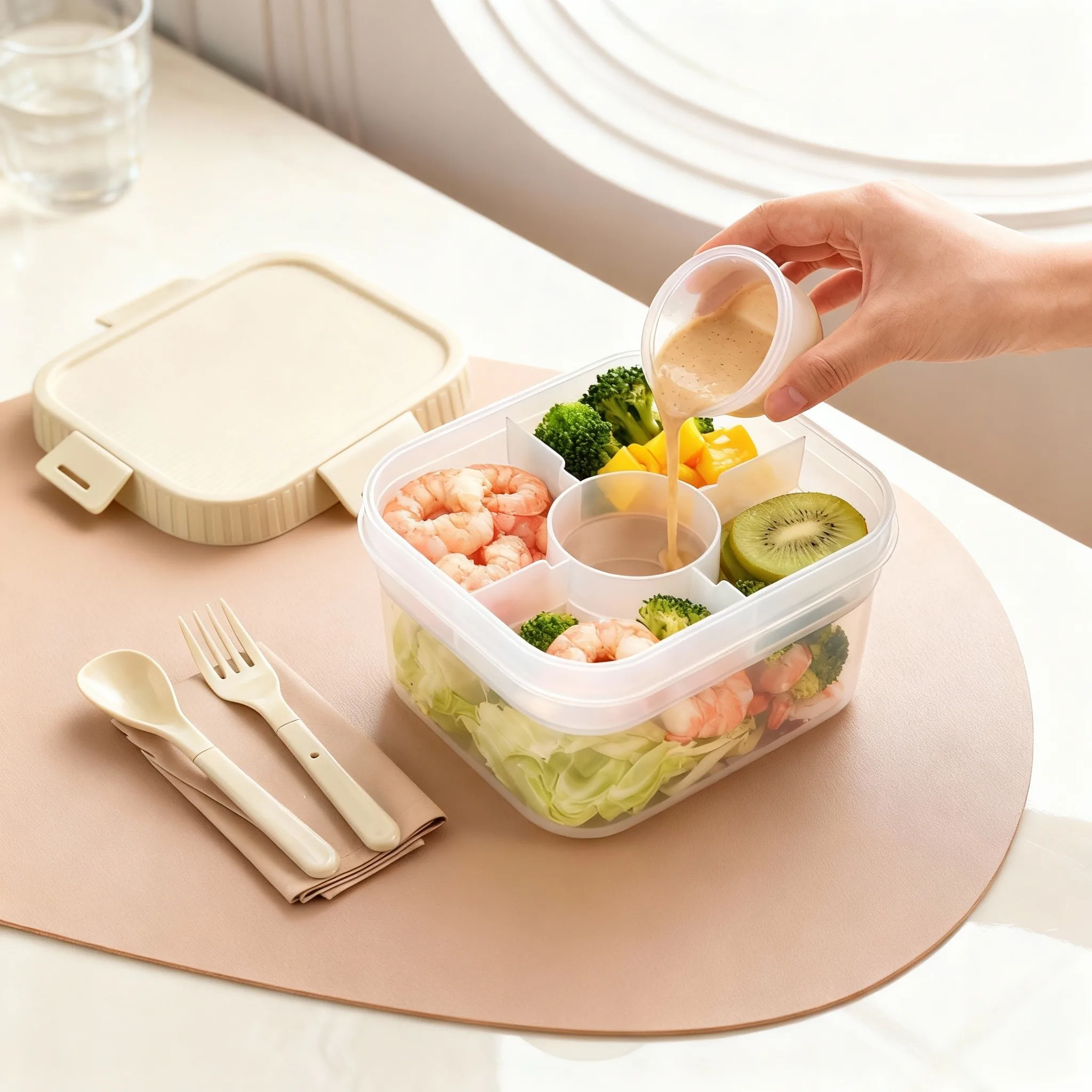 Food Storage Oven Safe - กล่องอาหารกลางวันพลาสติกแบบพกพา สองชั้น แบ่งช่อง พร้อมช่องใส่ซอสและชุดช้อนส้อม ความจุขนาดใหญ่ สำหรับใส่ผลไม้